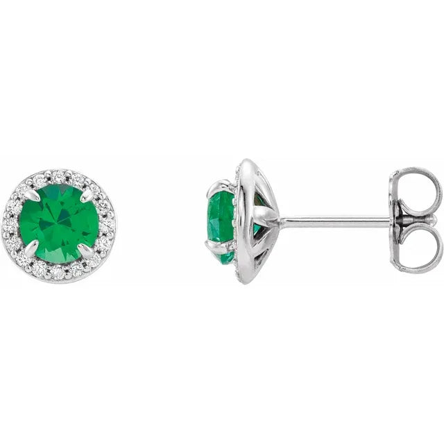 1/8 Carat Natural Diamond 14K White Gold Stud Earrings, with natural emerald birthstone center stone 