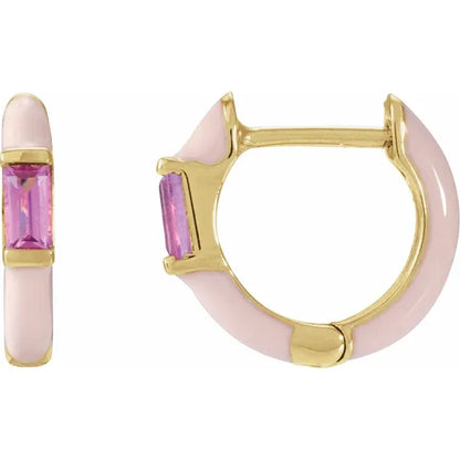 Pink Tourmaline & Pink Enamel Hinged Hoop Earrings Yellow Gold