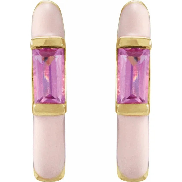 Pink Tourmaline & Pink Enamel Hinged Hoop Earrings yellow gold straight Picture