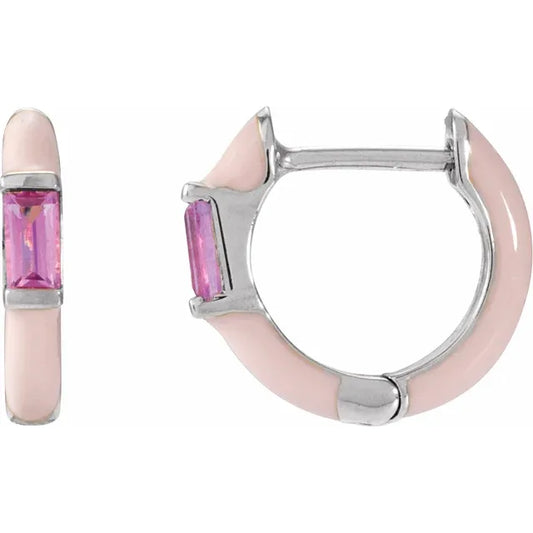 Pink Tourmaline & Pink Enamel Hinged Hoop Earrings White gold