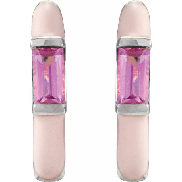 Pink Tourmaline & Pink Enamel Hinged Hoop Earrings white gold straight Picture 