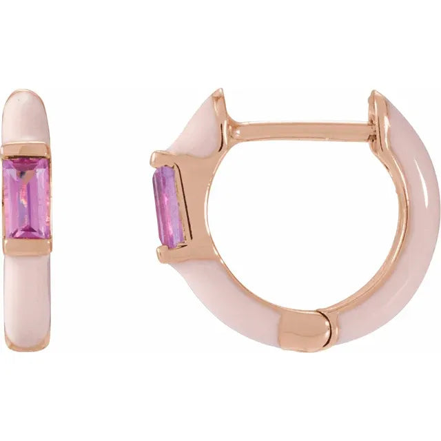 Pink Tourmaline & Pink Enamel Hinged Hoop Earrings Rose Gold