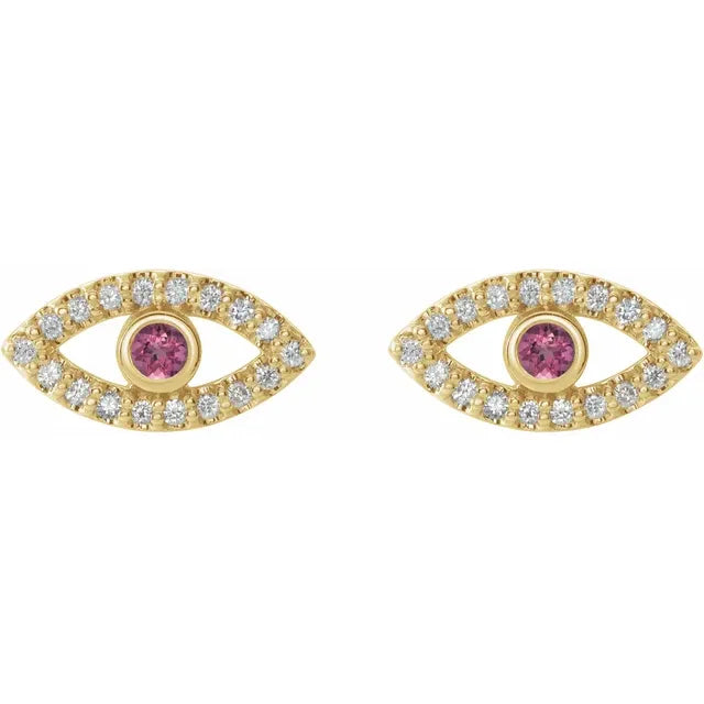 women stud earrings yellow gold pink tourmaline eye picture 