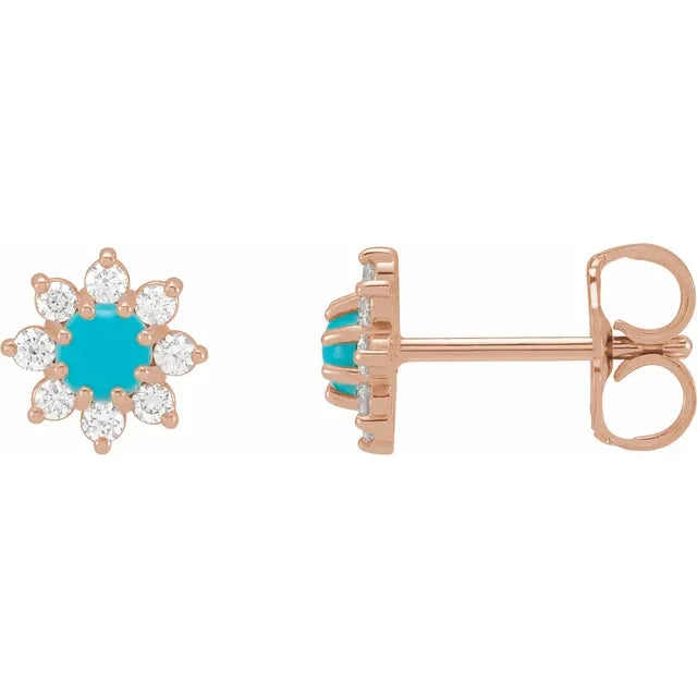 14K Rose Gold Diamond Flower Turquoise Earrings for women