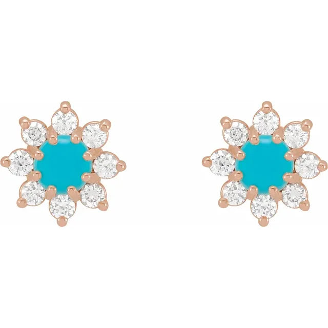 14K Rose Gold Diamond Flower Turquoise Earrings for women Details