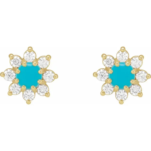 14K Yellow Gold Diamond Flower Turquoise Earrings for women Details