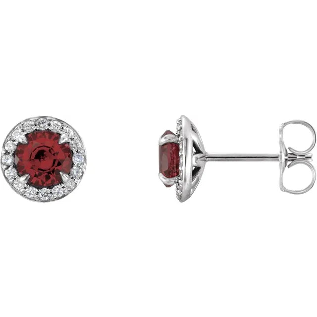 1/8 Carat Natural Diamond Accented 14K White Gold Stud Earrings, Personalized with Natural Garnet birthstone Center Stone