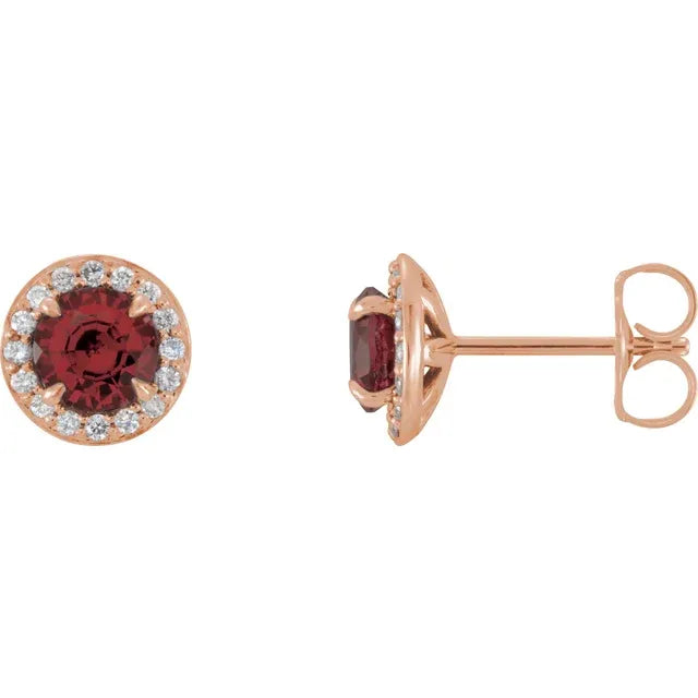 1/8 Carat Natural Diamond Accented 14K Rose Gold Stud Earrings, Personalized with Natural Garnet birthstone Center Stone