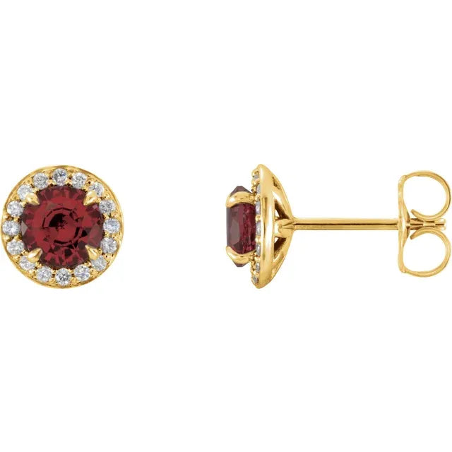 1/8 Carat Natural Diamond Accented 14K Yellow Gold Stud Earrings, Personalized with Natural Garnet birthstone Center Stone