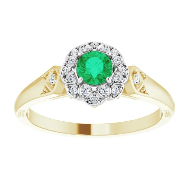 emerald engagement ring 14K White and Yellow Gold Details