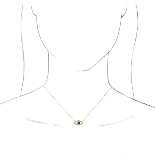 Evil women wearing Eye blue sapphire necklace 14k Yellow gold