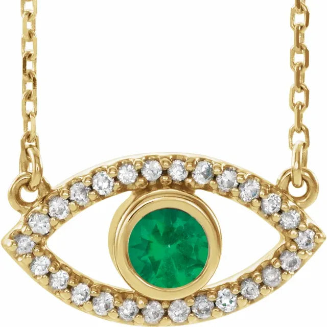 Evil Eye Emerald necklace 14k Yellow gold