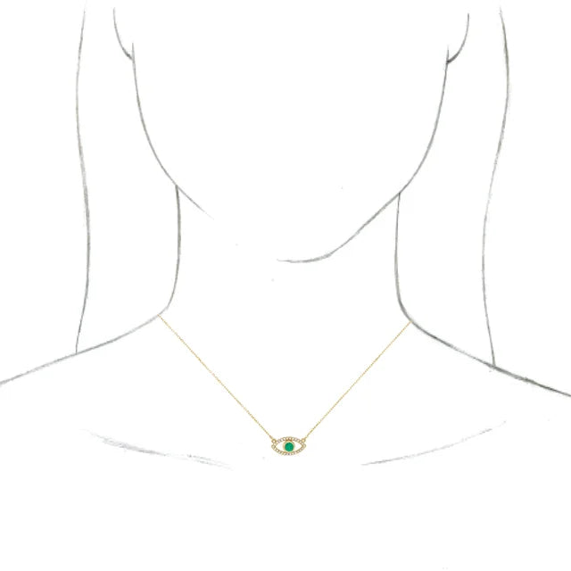 Model wearing Evil Eye blue Emerald necklace 14k yellow gold