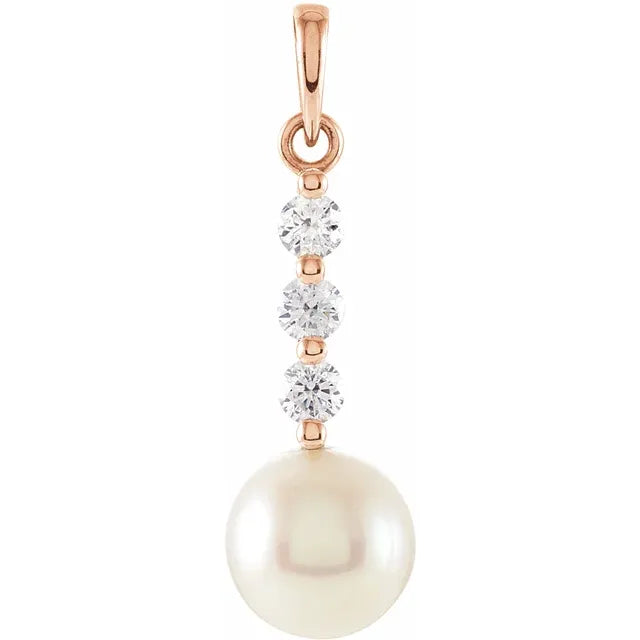 pearl Pendant - Pearl Necklace 14k Rose Gold 1/4 CTW Diamonds