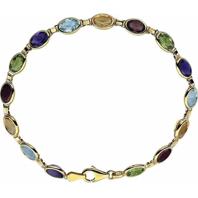 Colorful gemstone line bracelet with amethyst, citrine, garnet, peridot, sky blue topaz