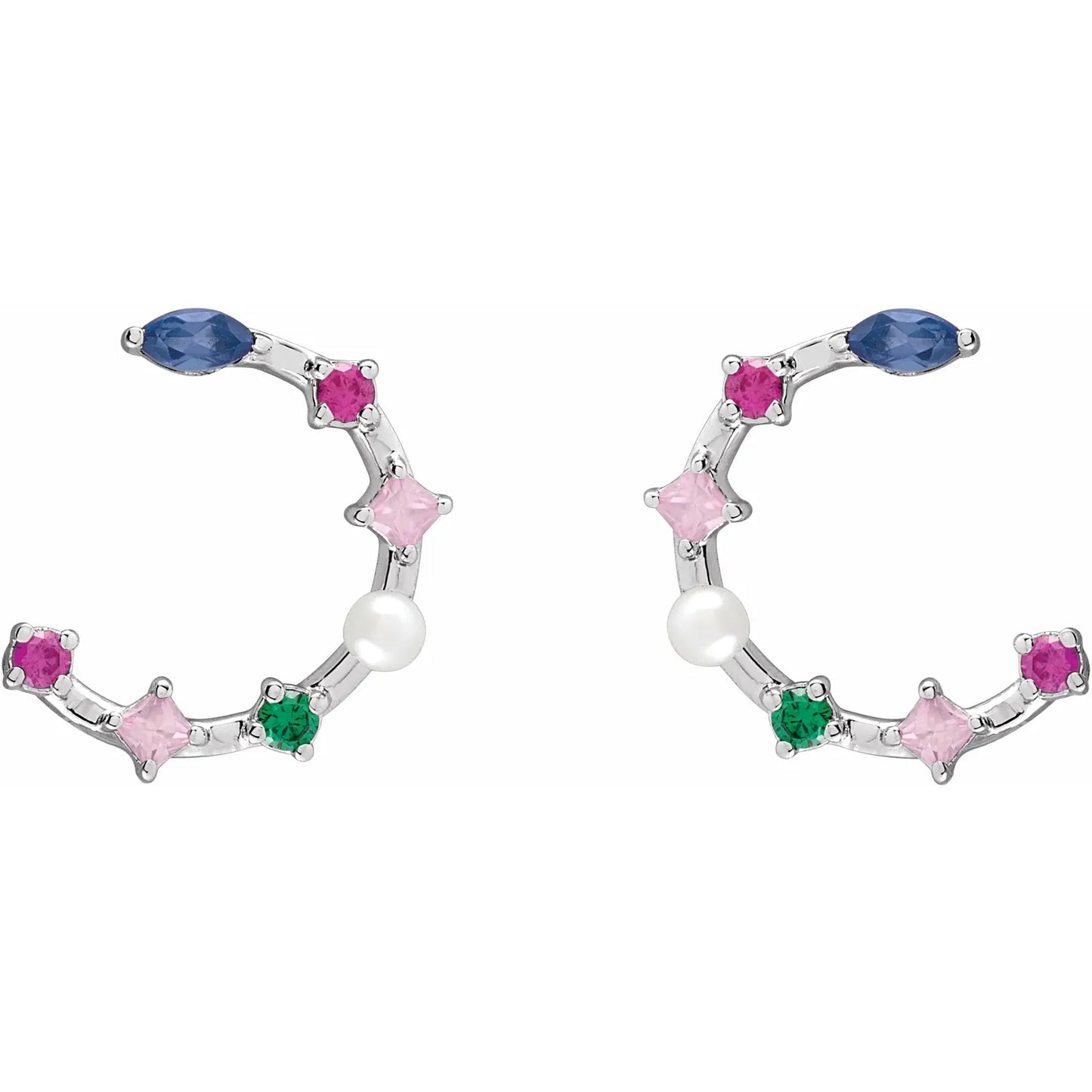 Cultured Freshwater Pearl & Natural Multi-Gemstone Earrings white gold showing stones