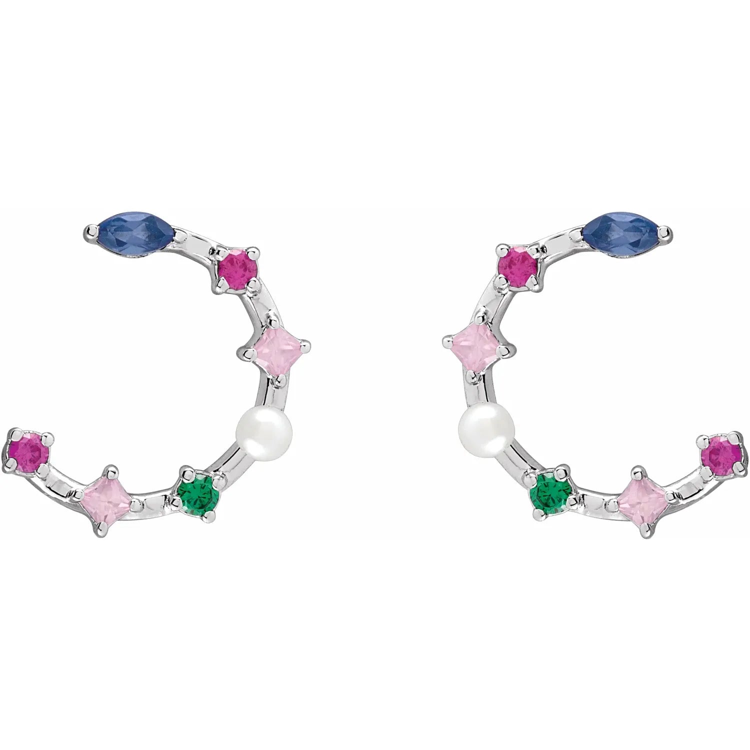 Cultured Freshwater Pearl & Natural Multi-Gemstone Earrings white gold showing stones