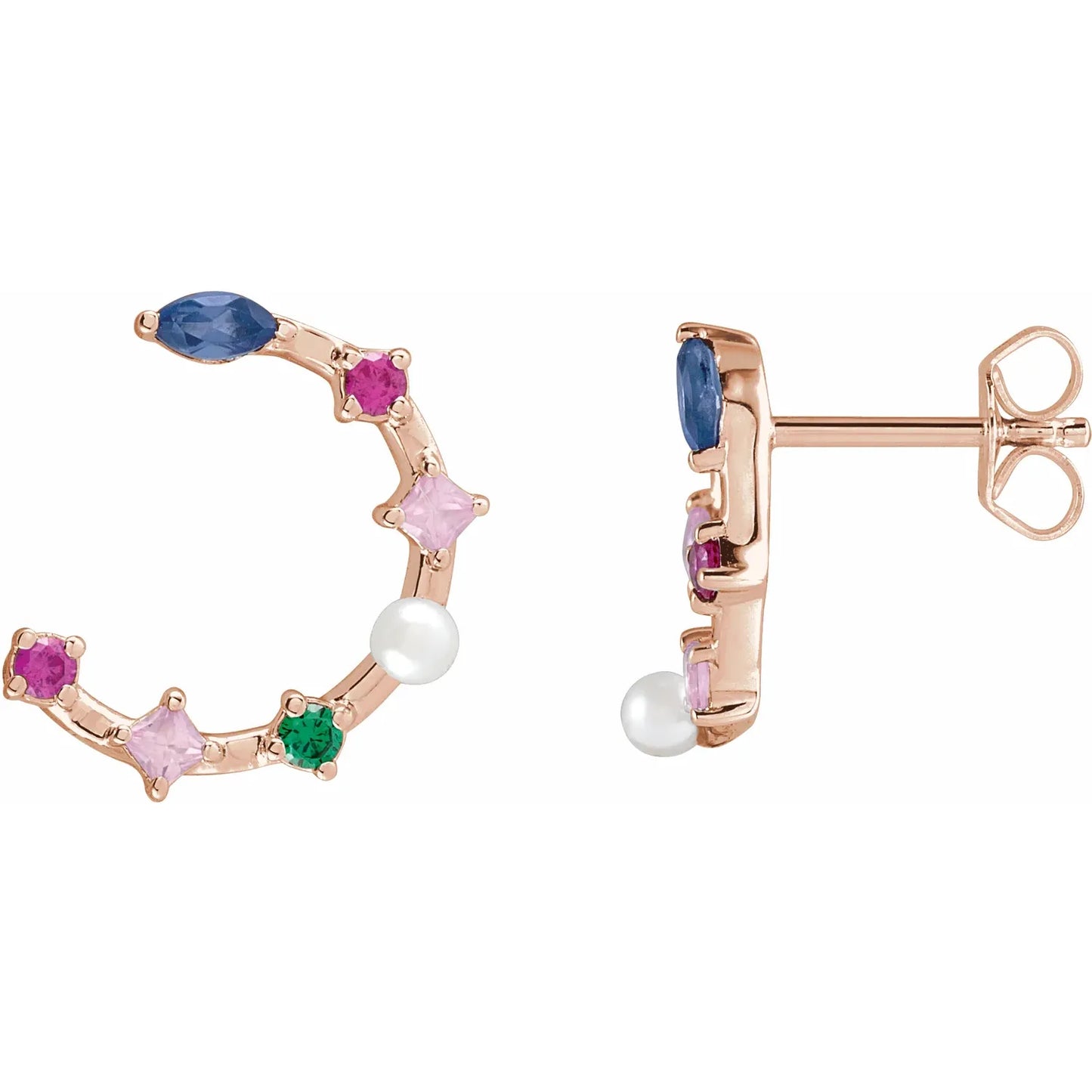 Cultured Freshwater Pearl & Natural Multi-Gemstone Earrings rose gold showing post