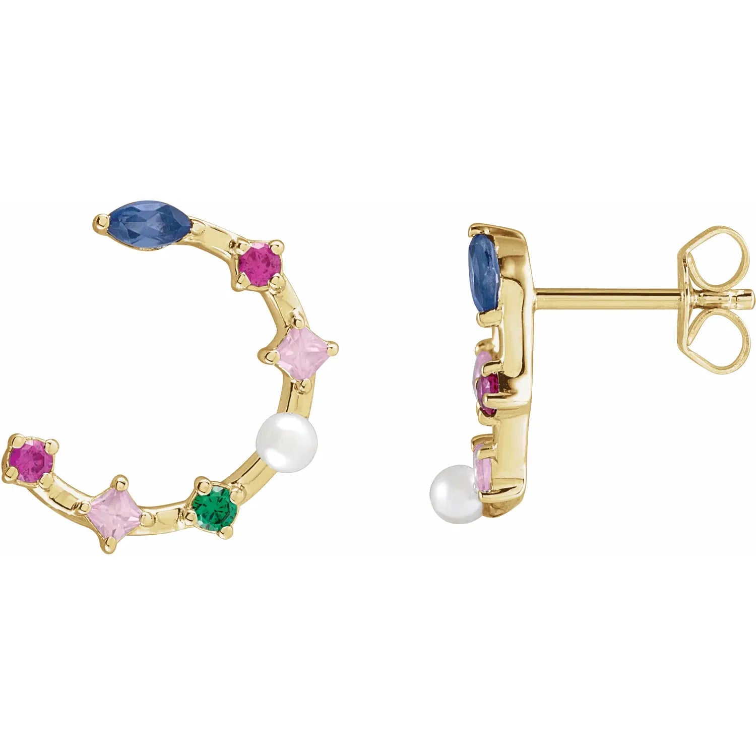 Cultured Freshwater Pearl & Natural Multi-Gemstone Earrings Yellow gold showing post