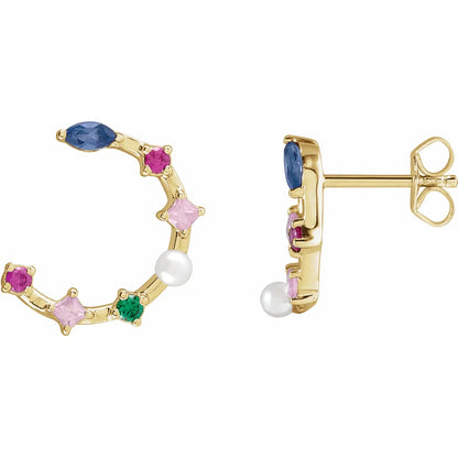 Cultured Freshwater Pearl & Natural Multi-Gemstone Earrings Yellow gold showing post