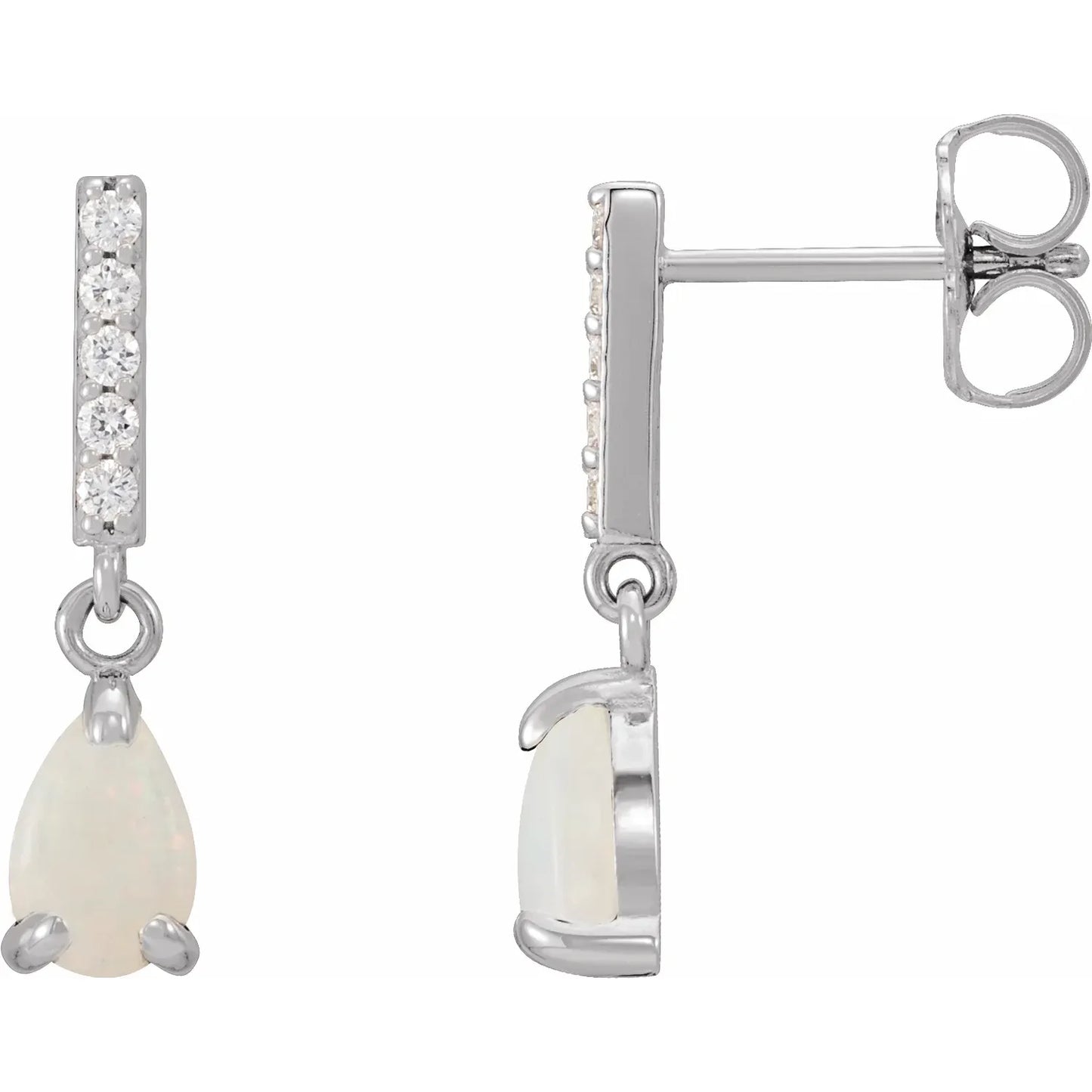 Natural White Opal Natural Diamond Dangle Earrings white gold showing post