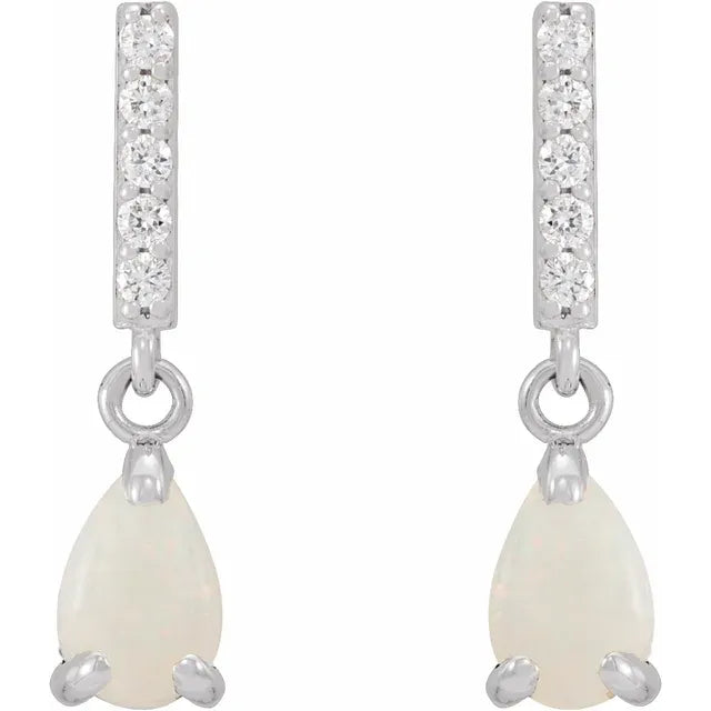 Natural White Opal Natural Diamond Dangle Earrings white gold