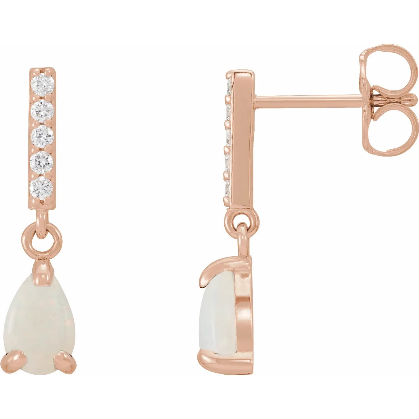 Natural White Opal Natural Diamond Dangle Earrings Rose gold showing post