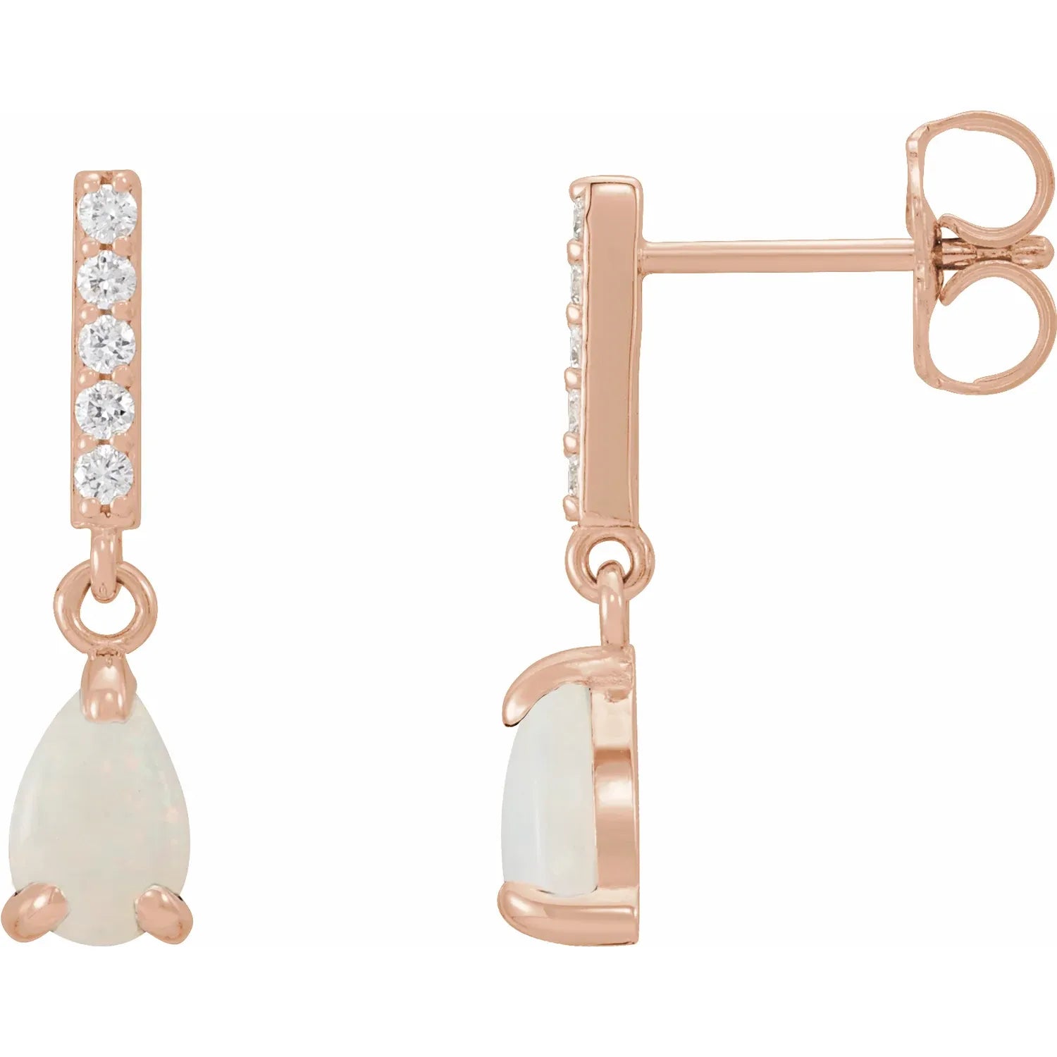 Natural White Opal Natural Diamond Dangle Earrings Rose gold showing post