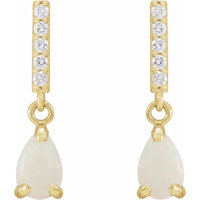 Natural White Opal Natural Diamond Dangle Earrings Yellow gold