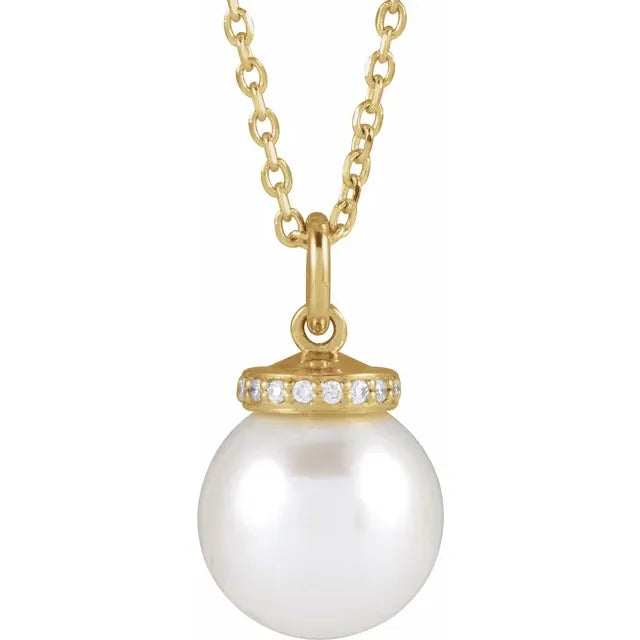 Diamond and Pearl Necklace 14K Yellow Gold