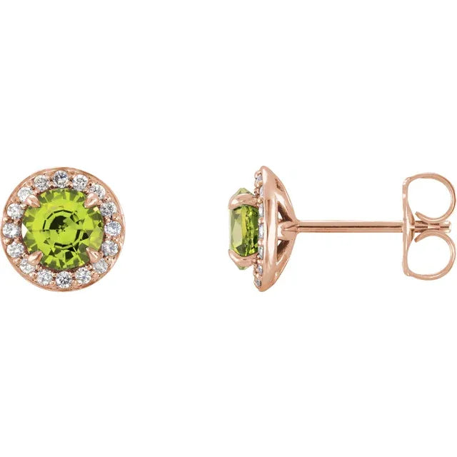 1/8 Carat Natural Diamond 14K Rose Gold Stud Earrings, natural Peridot birthstone Center Stone 