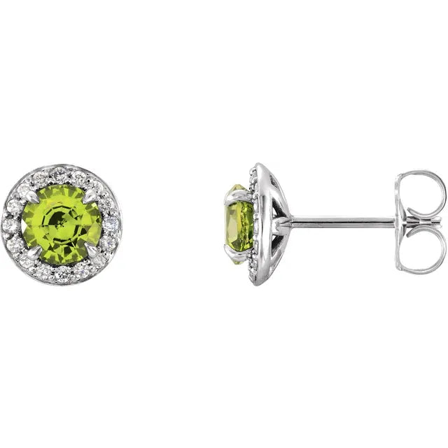 1/8 Carat Natural Diamond 14K White Gold Stud Earrings, natural Peridot Center Stone 