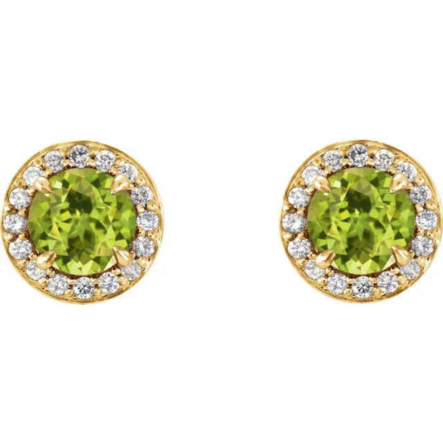 1/8 Carat Natural Diamond 14K Yellow Gold Stud Earrings, natural Peridot birthstone Center Stone 