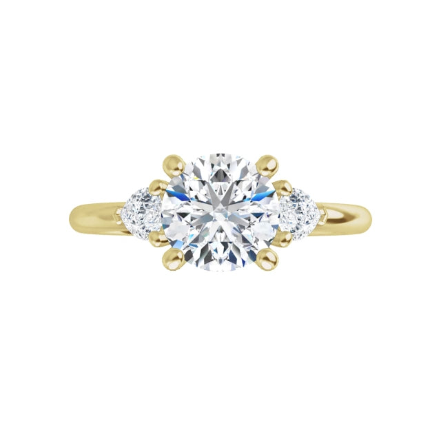 360 Video for 1 1/4 CTW Three-stone diamond engagement ring with round center and pear-shaped side stones in Yellow gold
