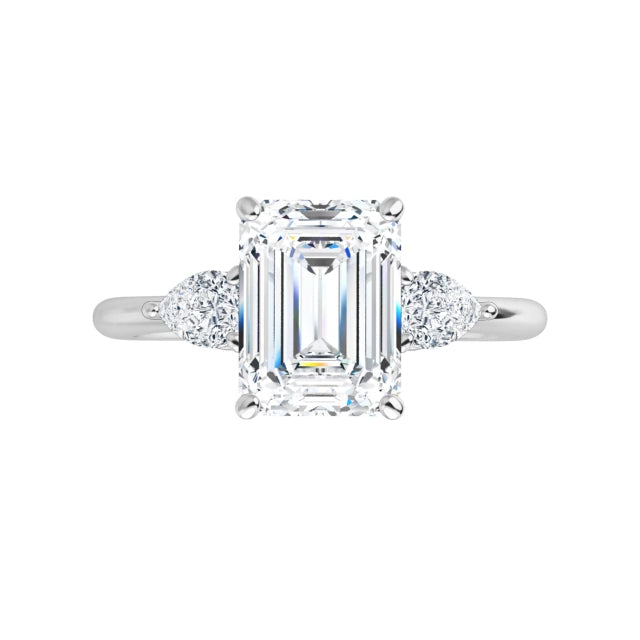 360 Video for 2 CT three Stone Diamond engagement Ring with Emerald Center Stone and two pear Side Stones Set in white gold or platinum 