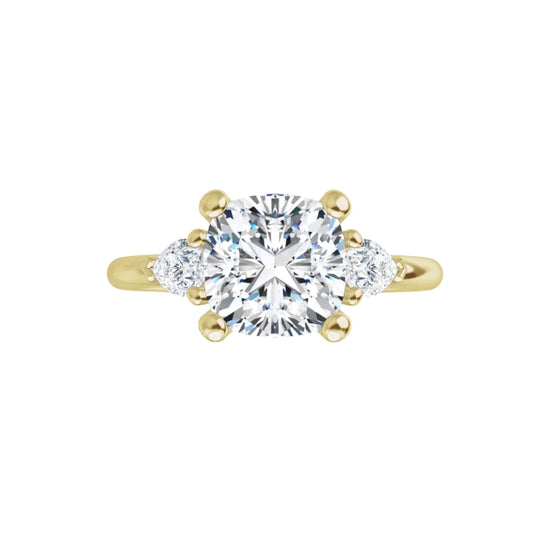 360 video for 2 CT cushion and Pear three Stone Diamond Engagement Ring Set in Yellow Gold