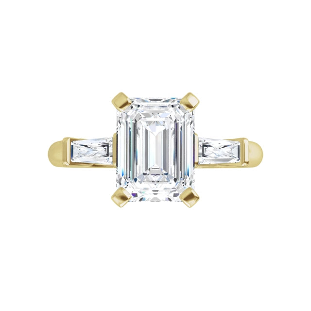 360 Video for 2 CT Emerald Cut and Tapered baguette Diamond Engagement Ring for women Set in Yellow gold