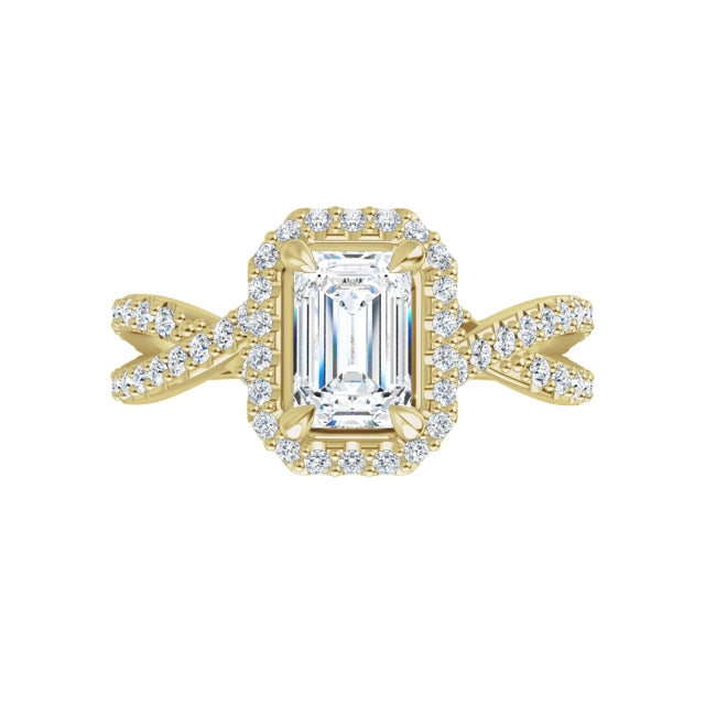 360 Video for Halo Style Emerald Cut Diamond Engagement Ring with Twisted Shank Set in Yellow Gold