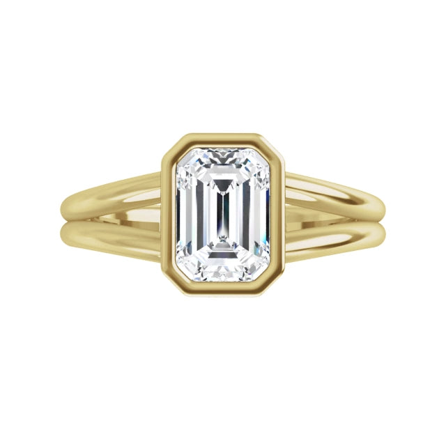 360 Video for 1 CT Bezel Set Split Shank Emerald Cut Diamond Engagement Ring Set in Yellow gold