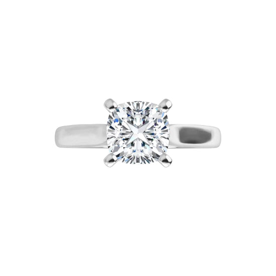360 for Classic 4-prong cushion cut solitaire engagement ring in 14K white gold with a 1 carat diamond, soft square shape with rounded edges.