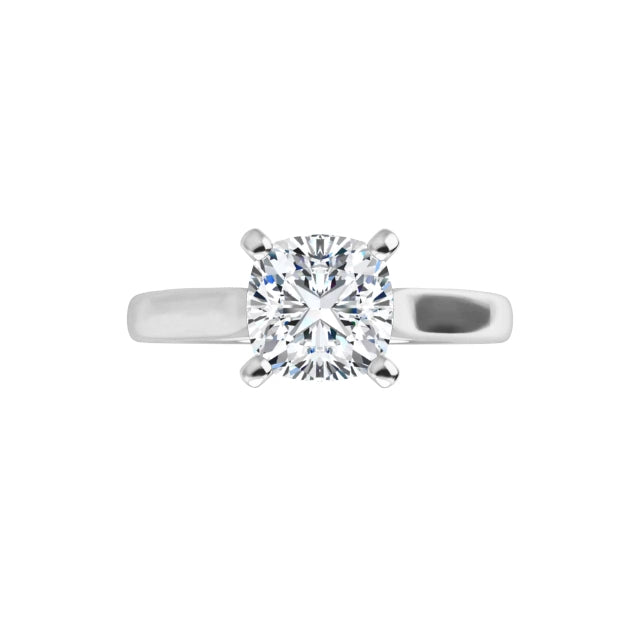 360 for Classic 4-prong cushion cut solitaire engagement ring in 14K white gold with a 1 carat diamond, soft square shape with rounded edges.