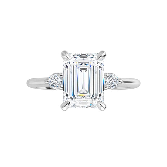 360 Video 2 CT Three Stone Round and Emerald Diamond engagement Ring Set in Platinum