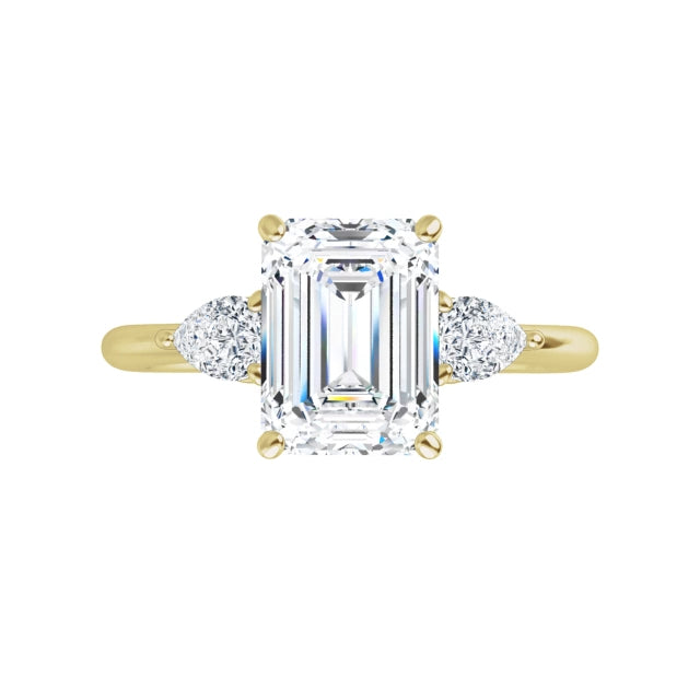 360 video for 2 CT three Stone Diamond engagement Ring with Emerald Center Stone and two pear Side Stones set in yellow gold