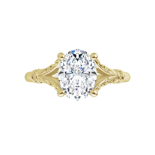 360 Video for vintage style split shank Oval solitaire Diamond Engagement ring set in Yellow gold