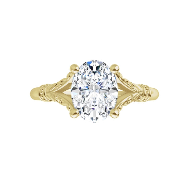 360 Video for vintage style split shank Oval solitaire Diamond Engagement ring set in Yellow gold