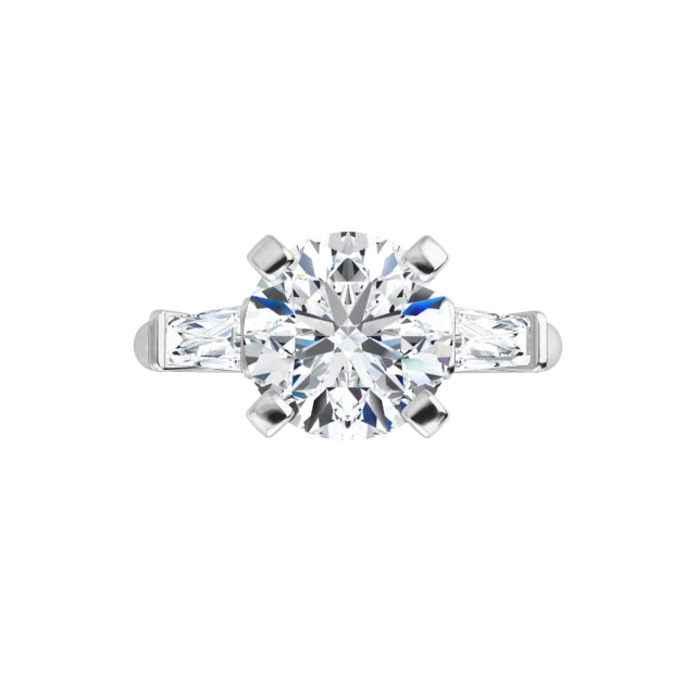 360 Video for 2 CT Weight Round and tapered baguette three Stone Diamond Engagement Ring for Women set in white gold or platinum 
