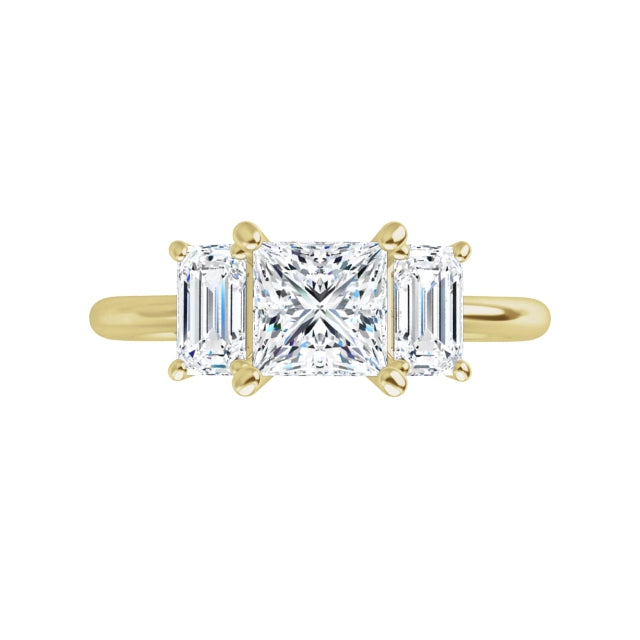 Princess Cut and Emerald Cut Three-Stone Diamond Engagement Ring 360 Video Yellow Gold