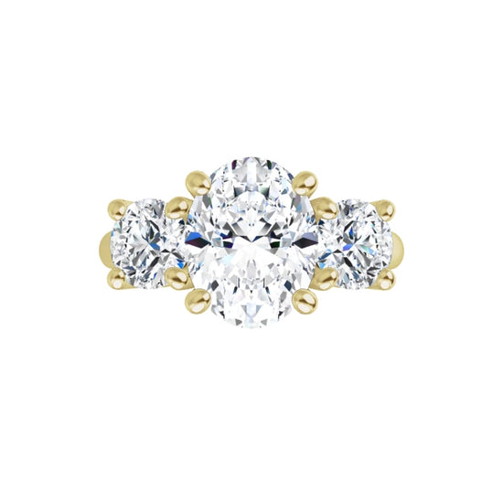 360 Video for 2 1/2 CTW 3-Stone oval center stone and two round stones on the Side Set in Yellow Gold