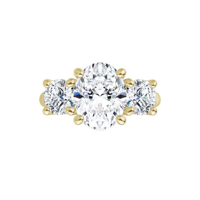 360 Video for 2 1/2 CTW 3-Stone oval center stone and two round stones on the Side Set in Yellow Gold