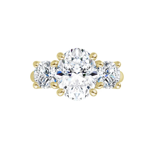 360 Video for 2 1/2 CTW 3-Stone oval center stone and two round stones on the Side Set in Yellow Gold